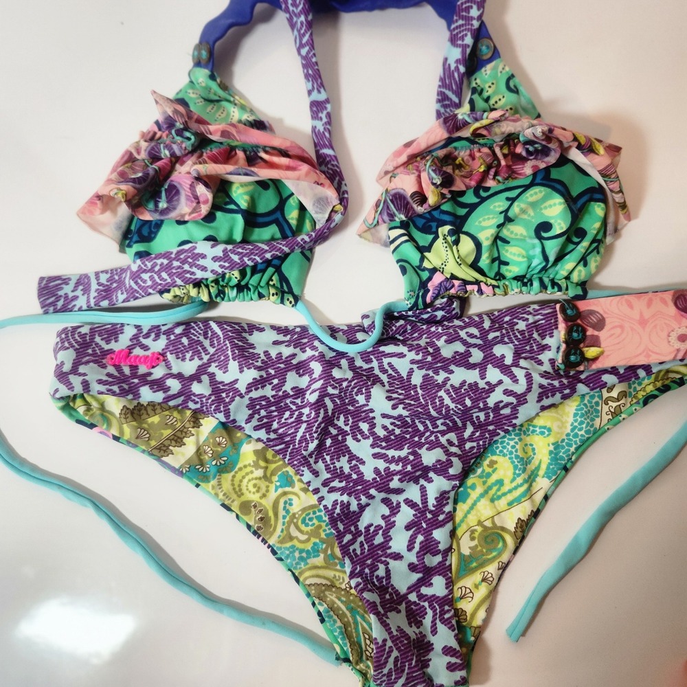 Maaji Mixed Print Ruffle Bikini Set Purple Teal Floral Crab Buttons Two Piece